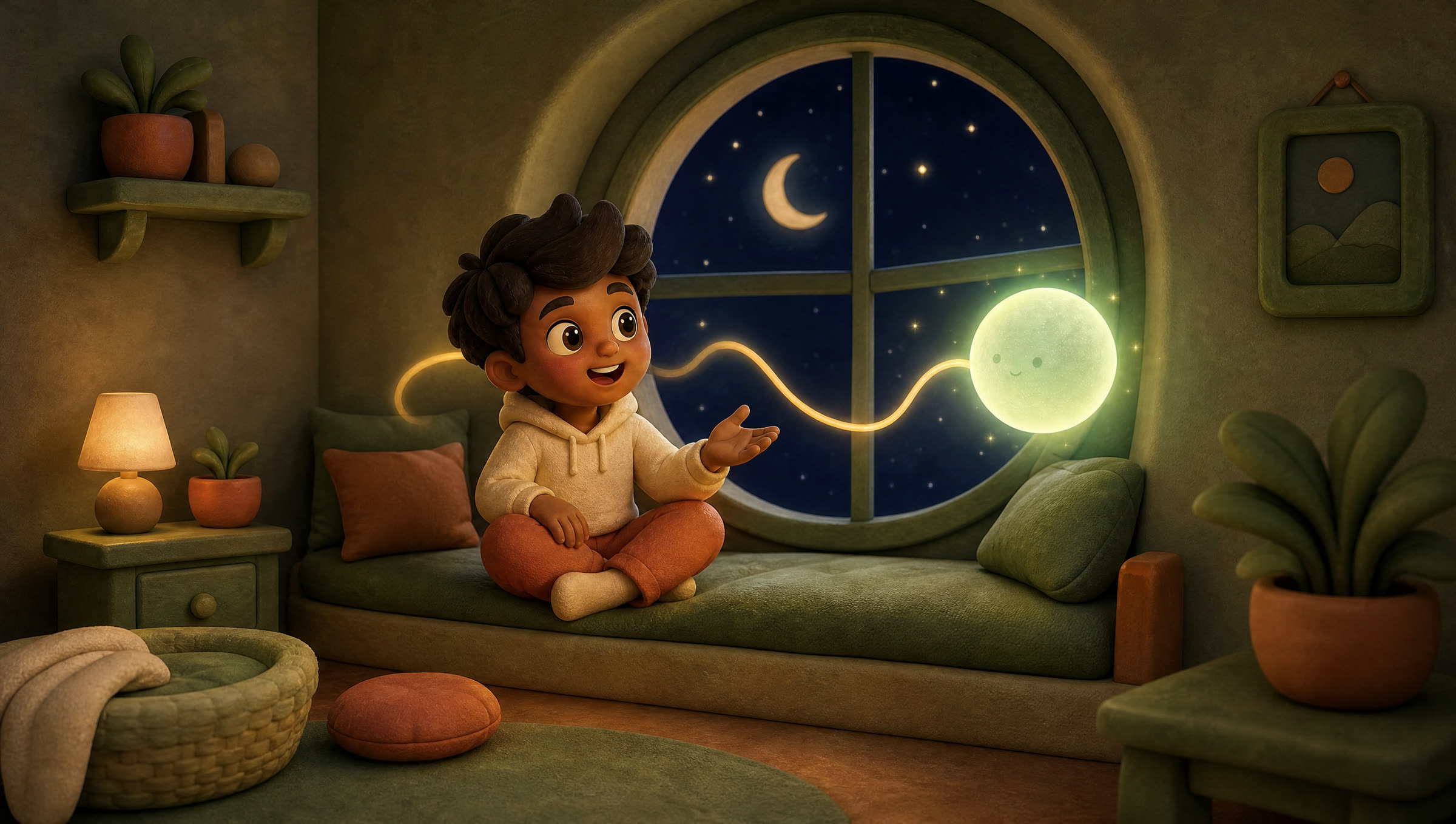 At night on a cosy window seat, a person talks openly while a small glowing orb of light, Yaara, listens from across the window.
