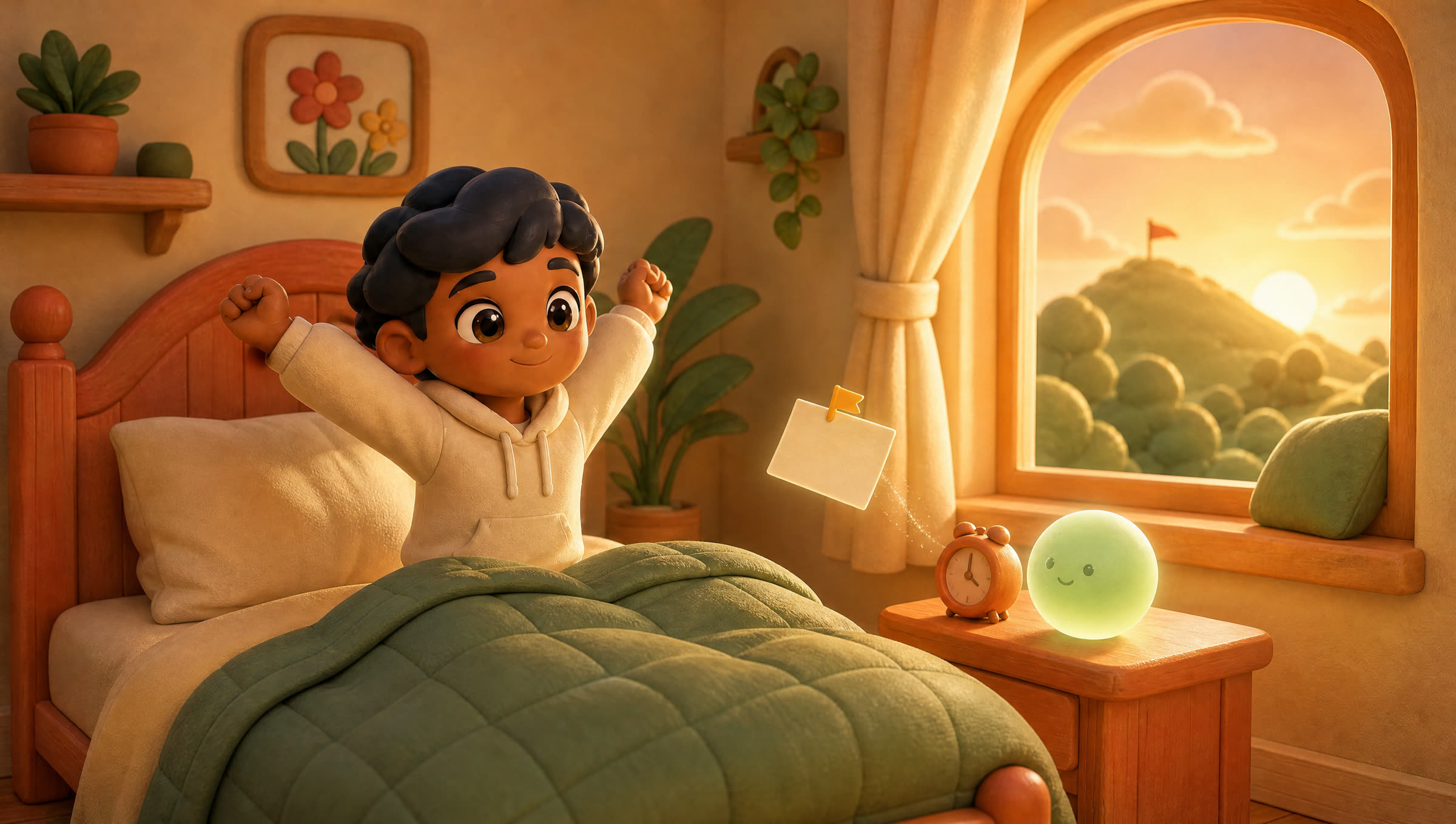 A person stretches awake in a sunny bedroom as a small note card drifts toward them from Yaara’s orb on the nightstand. Their goal flag is visible on a hill outside.