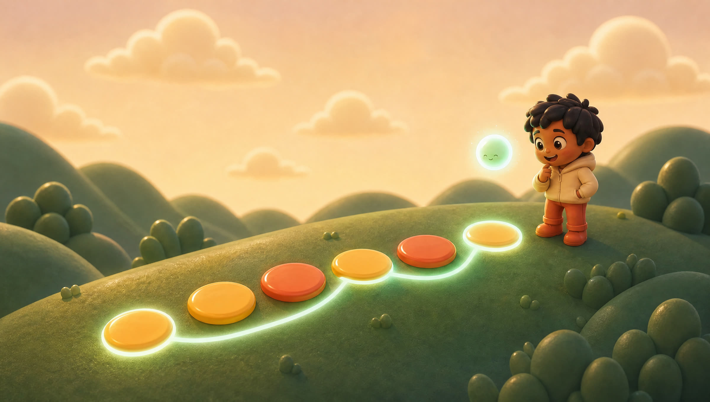 On a green hillside a row of day tiles lies in the grass. A line of light joins some of them into a pattern, and a person beside Yaara’s orb smiles as they see it.
